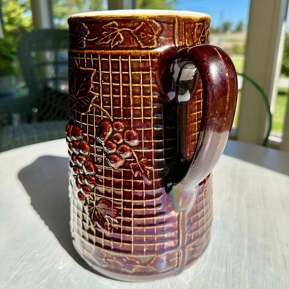 ANTIQUE, NORTH STAR POTTERY, “GRAPES ON LATTICE” PITCHER.